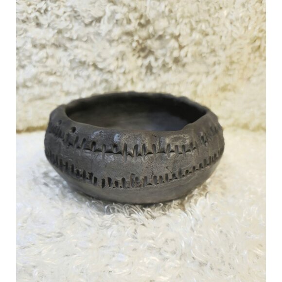 Handcrafted Black Clay Bowl With Carved Detailing & Etched - Picture 1 of 6